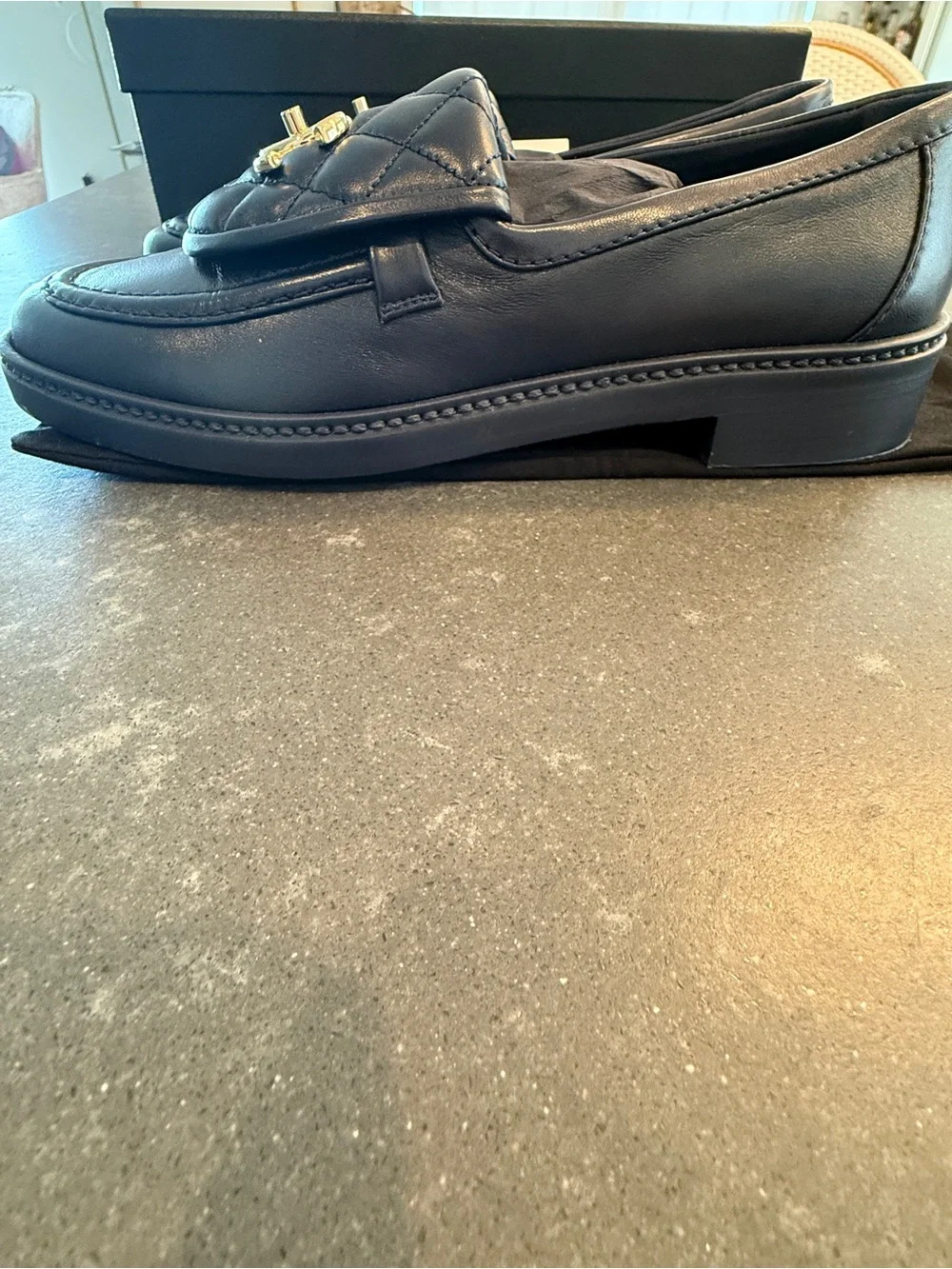 CHANEL Navy Quilted Leather Loafers with Gold CC Medallion